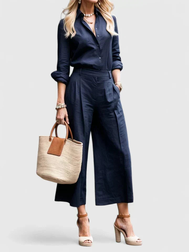 Long Sleeve Button Shirt and Wide Leg Pants Two Piece Set