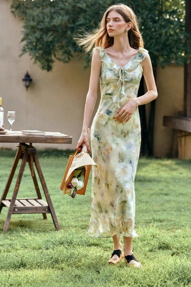 Leaf Edge Vneck Ruffle Vacation Floral Dress