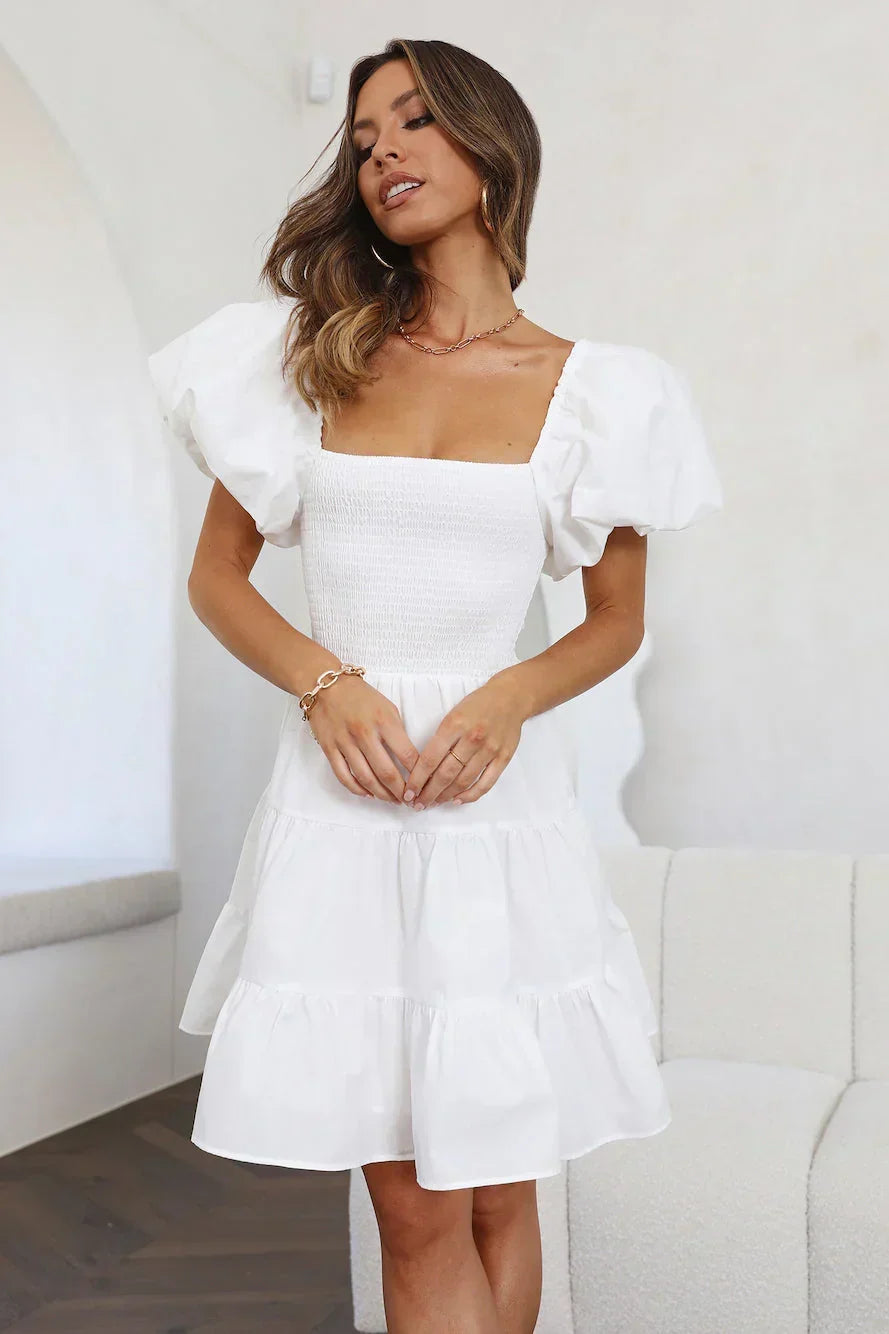 Square Neck Puff Sleeve Smocked Tiered Mini Dress 9