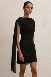 Draped Cape Sleeve Asymmetric Bodycon Mini Dress