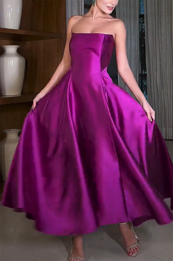 Satin Strapless Straight Neck A-Line Flared Midi Formal Dress