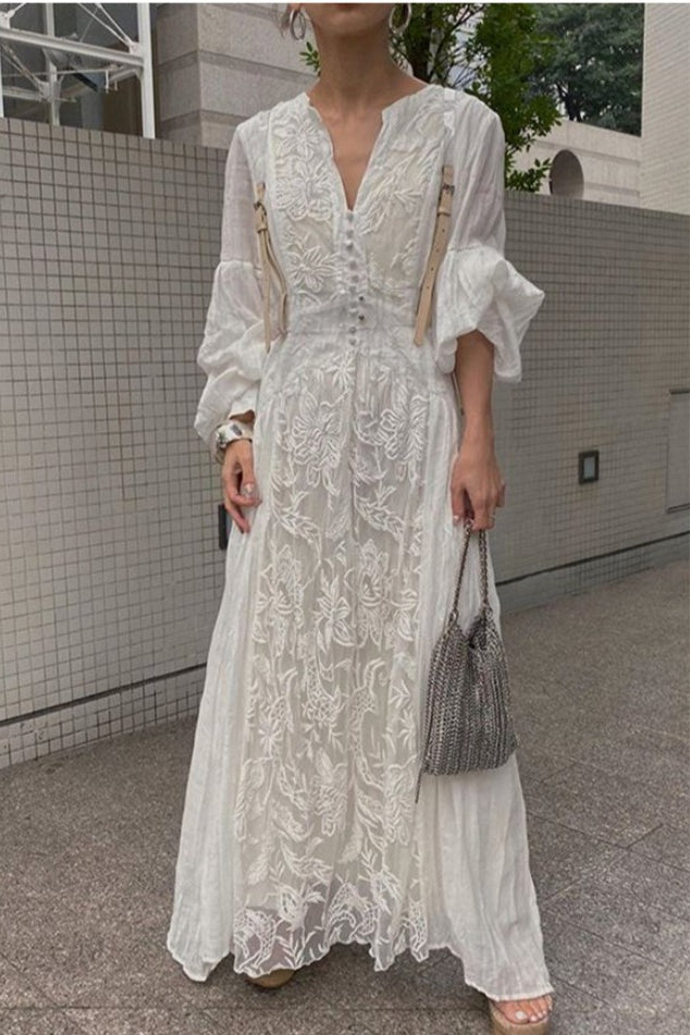 Vintage Lace Panel VNeck Embroidered Boho Dress