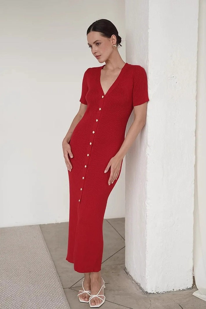 Waist Cinched V Neck Single Breasted Mini Sleeve Knit Maxi Sweater Dress