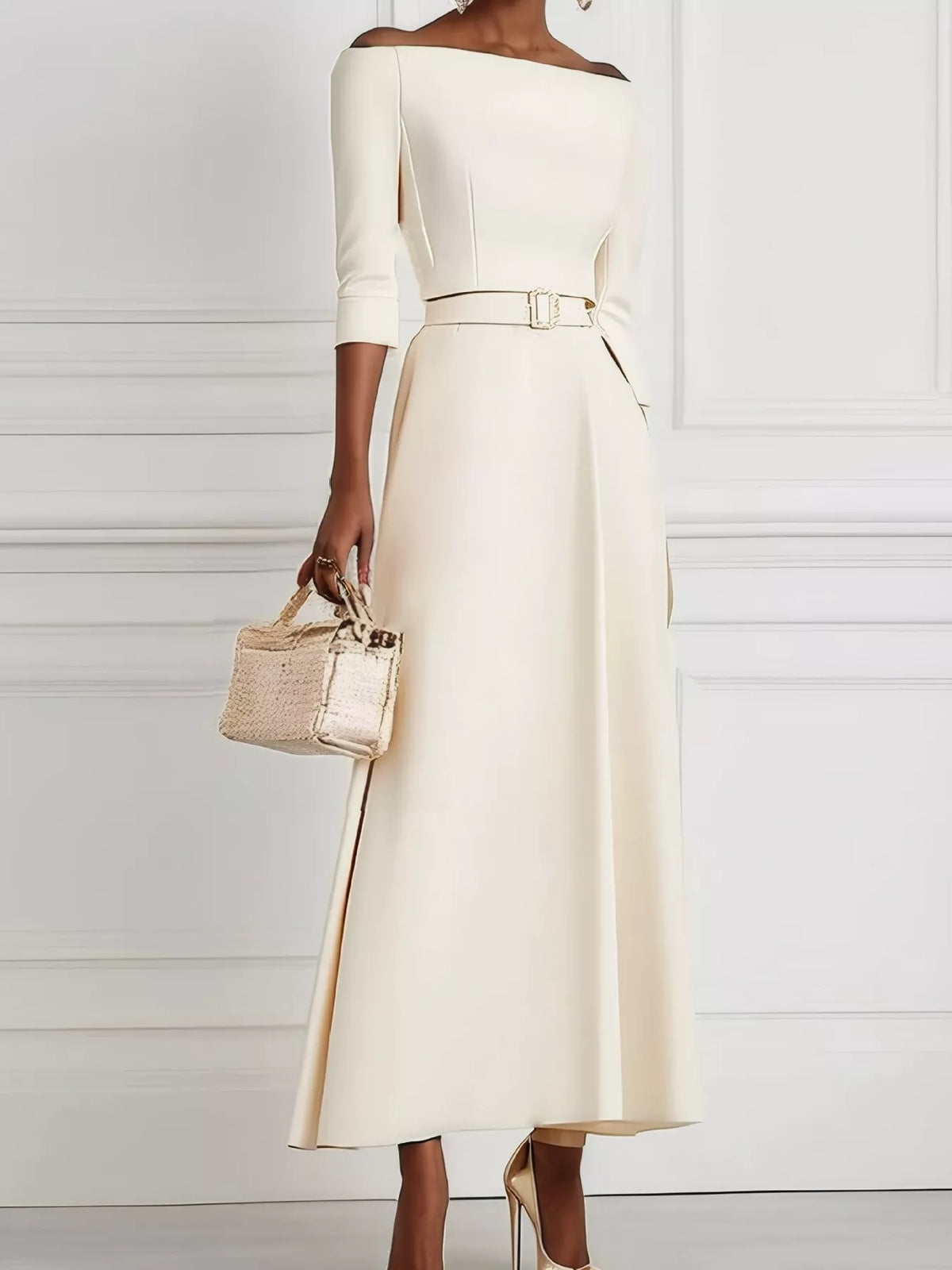 Off Shoulder Half Sleeve Belted A-Line Maxi Dress