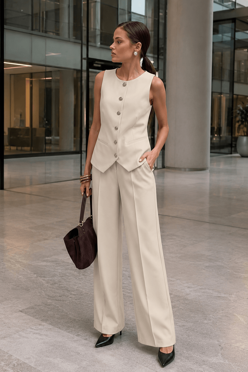 Blazer Vest Wide Leg High Waist Two Piece Work Set