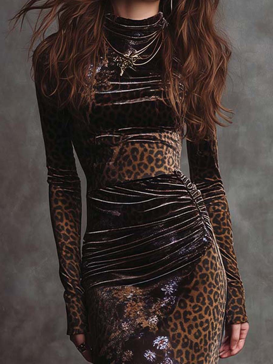Retro Gothic Leopard Print And Floral Patchwork Velvet Maxi Dress - FashionAxe
