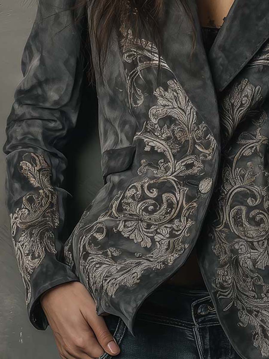 Floral Embossed Suede Look Single Button Blazer
