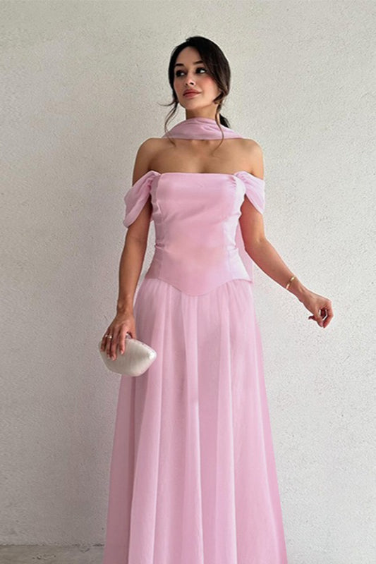 Off-the-Shoulder Sheer Mesh Satin Dress