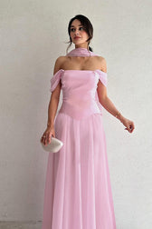Off-the-Shoulder Sheer Mesh Satin Dress