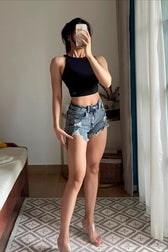 Destroyed High Waist Curve Hem Shorts