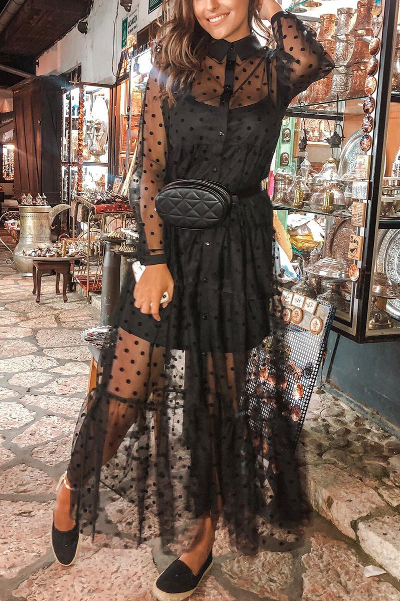 Mesh Polka Dot Shirt Maxi Dress