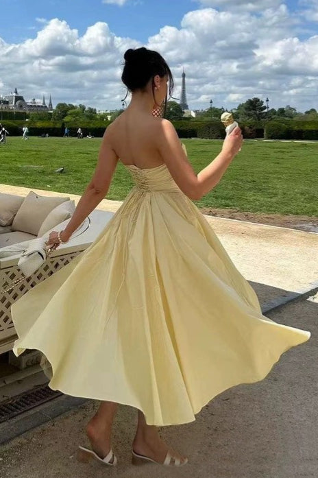 Strapless Bow Corset Satin Fit and Flare Midi Dress