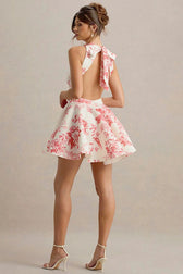 High-Waist Backless Floral Mini Dress