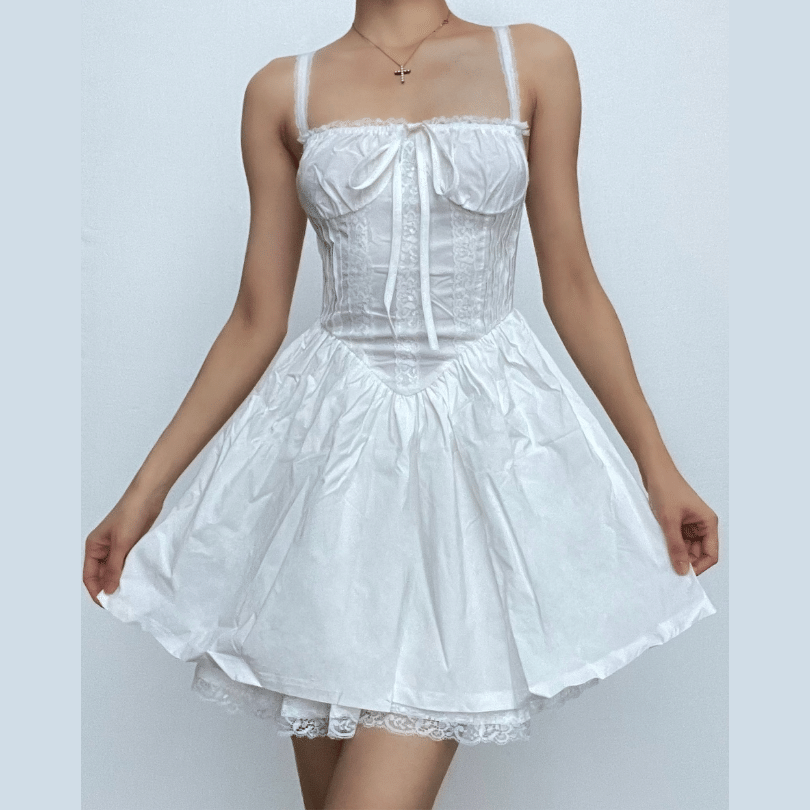 Square Neck Bow Front Corset Bodice Lace Trim Fit and Flare Mini Dress