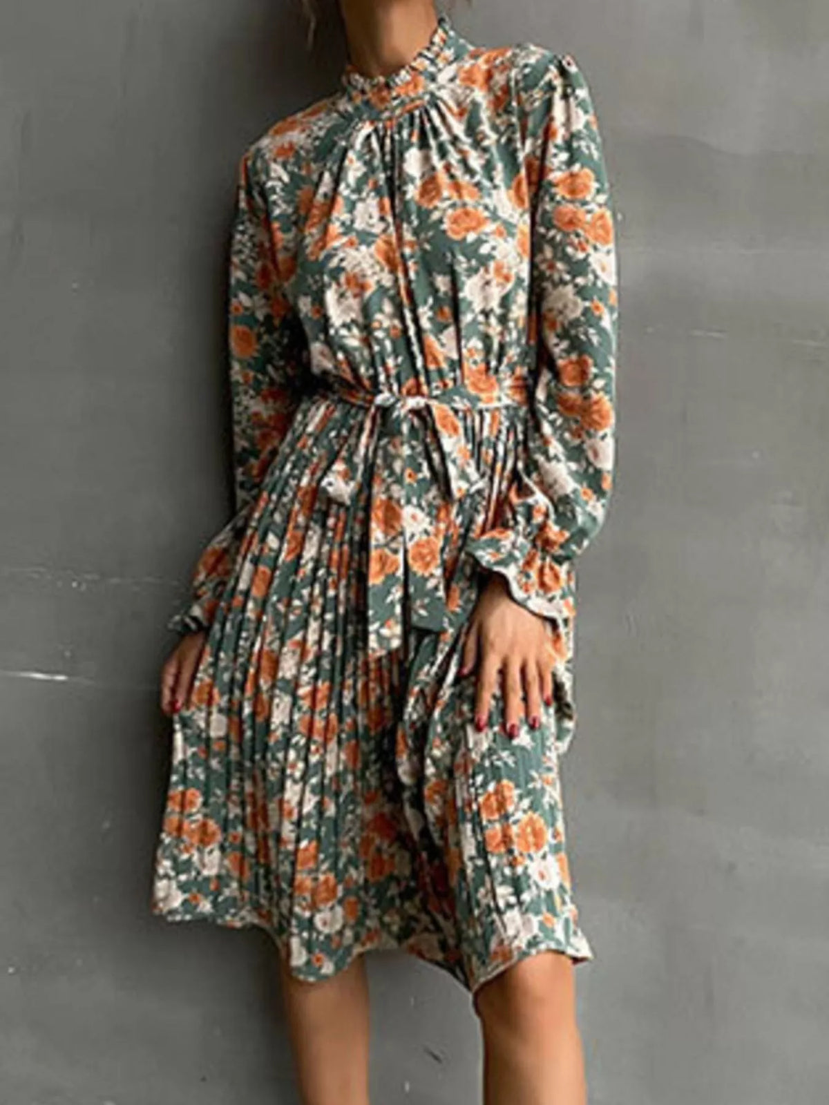 Floral Print Ruffle Mock Neck Long Sleeve Belted Pleated Midi Dress 3