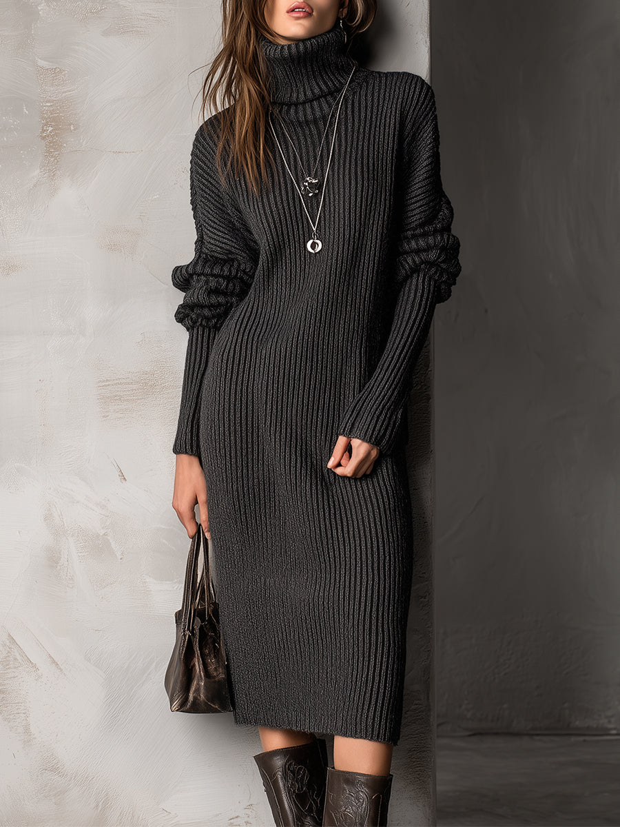 Casual Bat Sleeve Pit Strip Knitted Straight Midi Dress