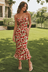 Square Neck Mermaid Midi Slim Strap Floral Dress
