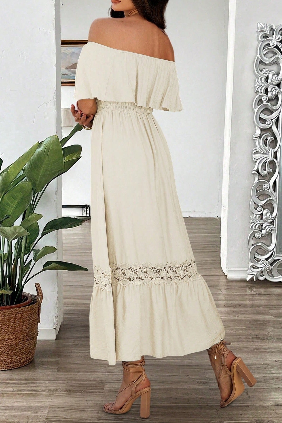 Casual Off Shoulder Waist Cinched Boho Dress