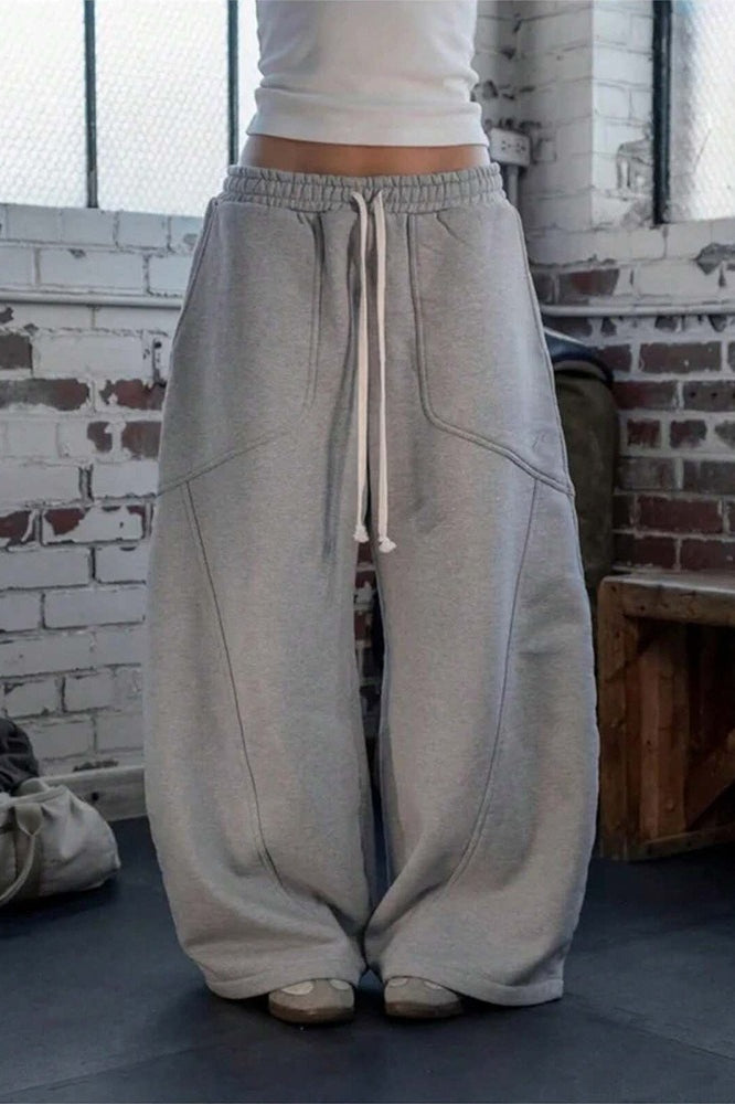 Drawstring Elastic Waist Paneled Seam Barrel Leg Sweatpants