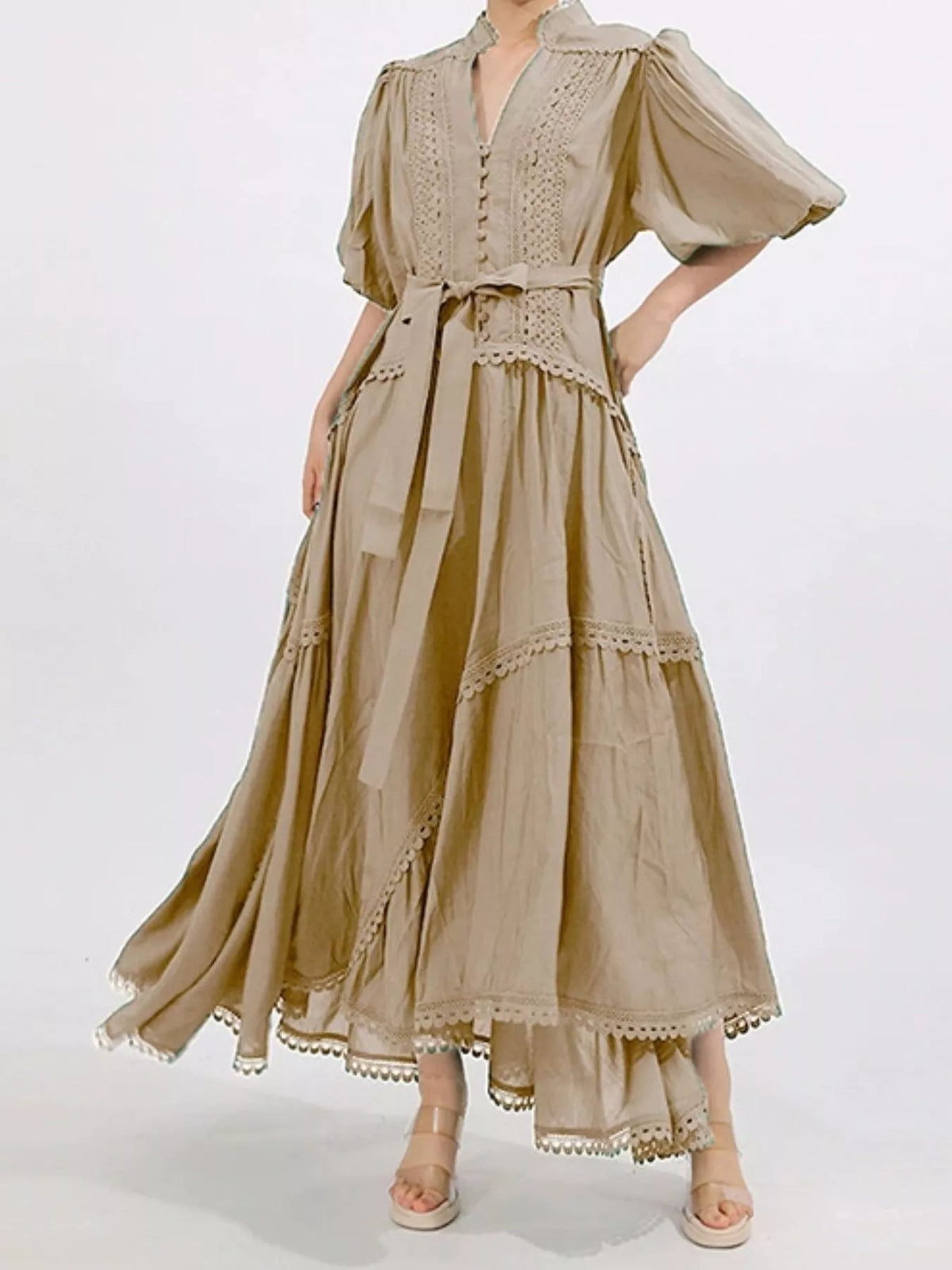 Crochet Lace Trim Notched Neck Puff Sleeve Tie Waist Tiered Maxi Dress 14
