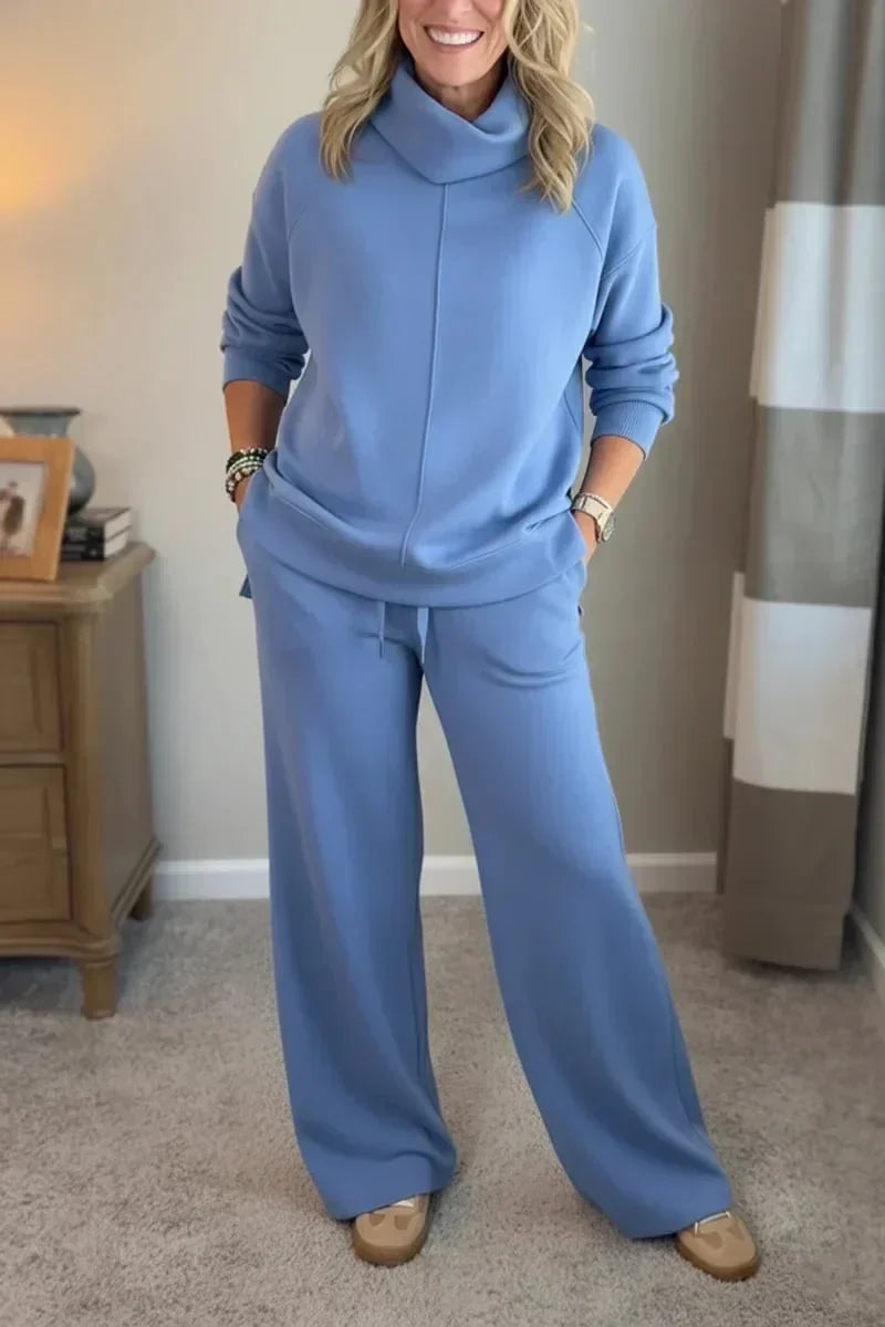 Cowl Neck Long Sleeve Top and Wide Leg Pants Two Piece Set