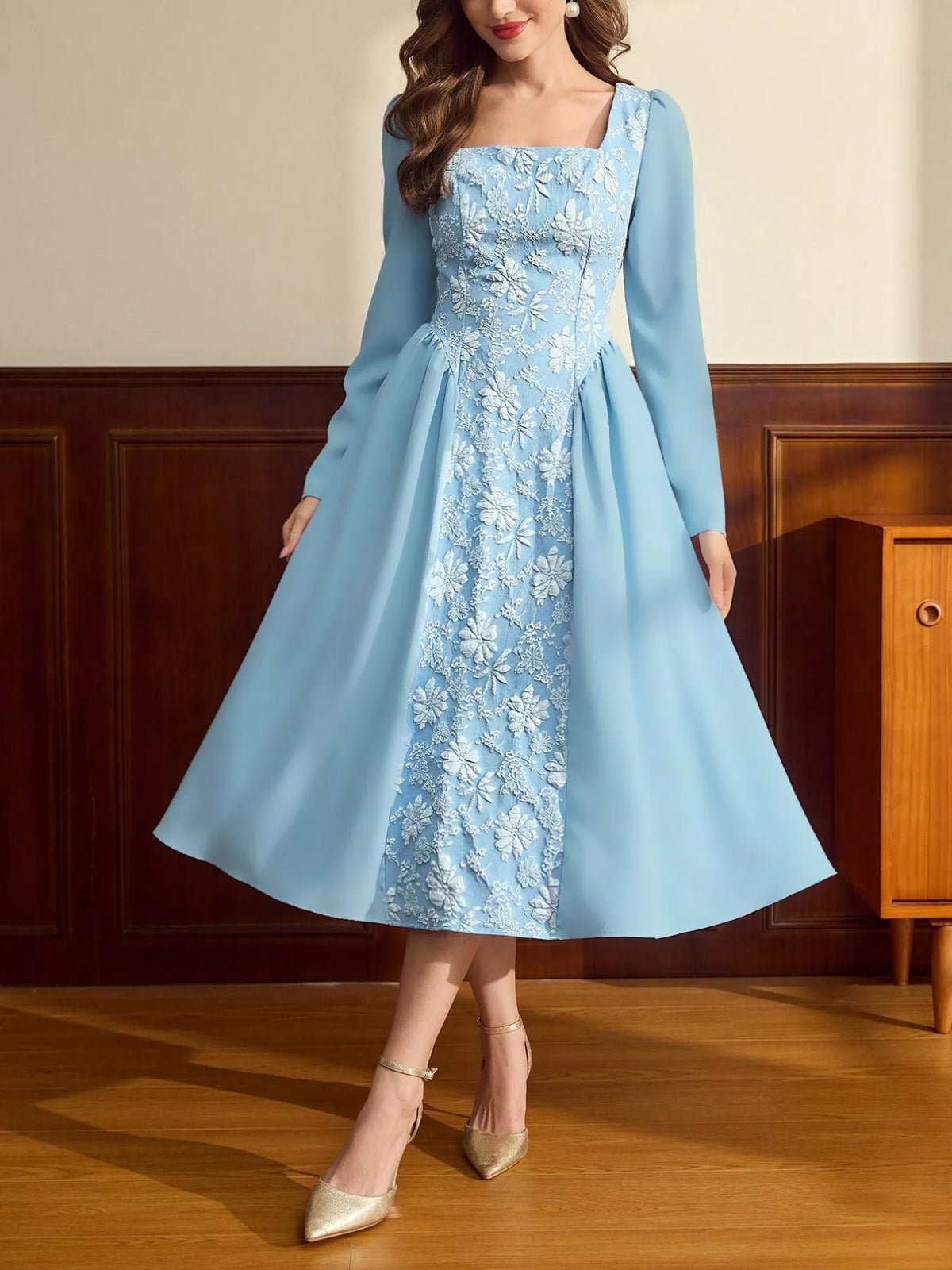 Floral Embroidered Panel Square Neck Long Sleeve A-Line Midi Dress 5