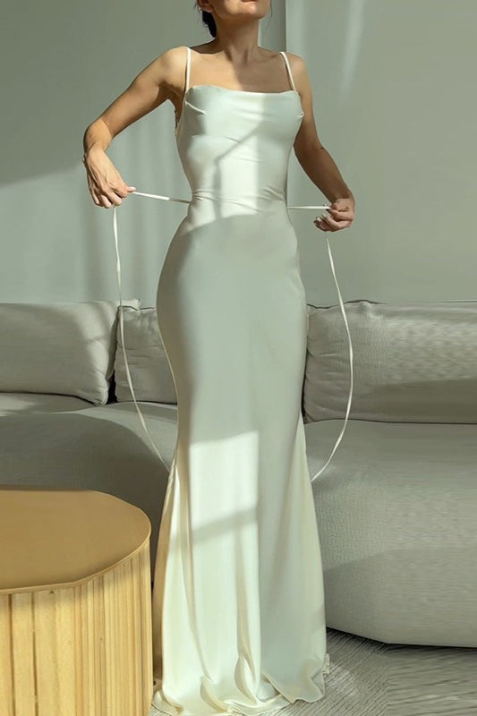Satin Cowl Neck Spaghetti Strap Slim Maxi Prom Dress