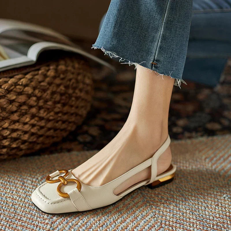 Metal Buckle Square Toe Slingback Low Heel Flats