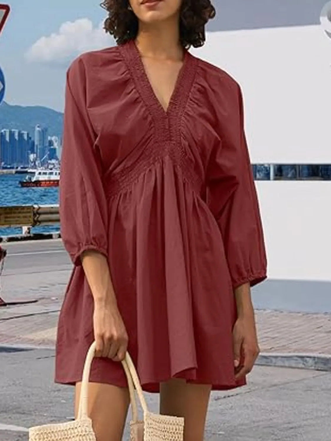 Textured Deep V-Neck Balloon Sleeve Smocked Waist Swing Mini Dress 18