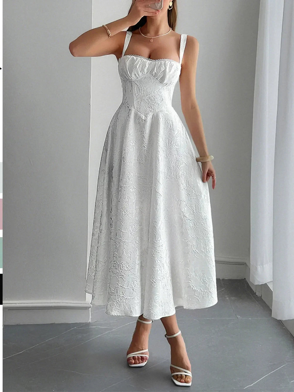 Floral Jacquard Sweetheart Corset Bodice A-Line Midi Dress 3