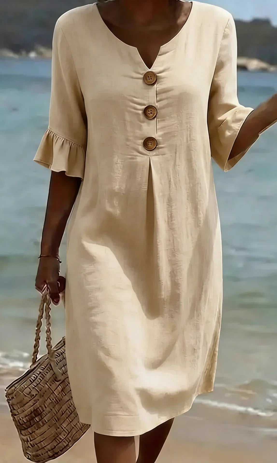 V-Neck Button Front Ruffle Sleeve Midi Dress