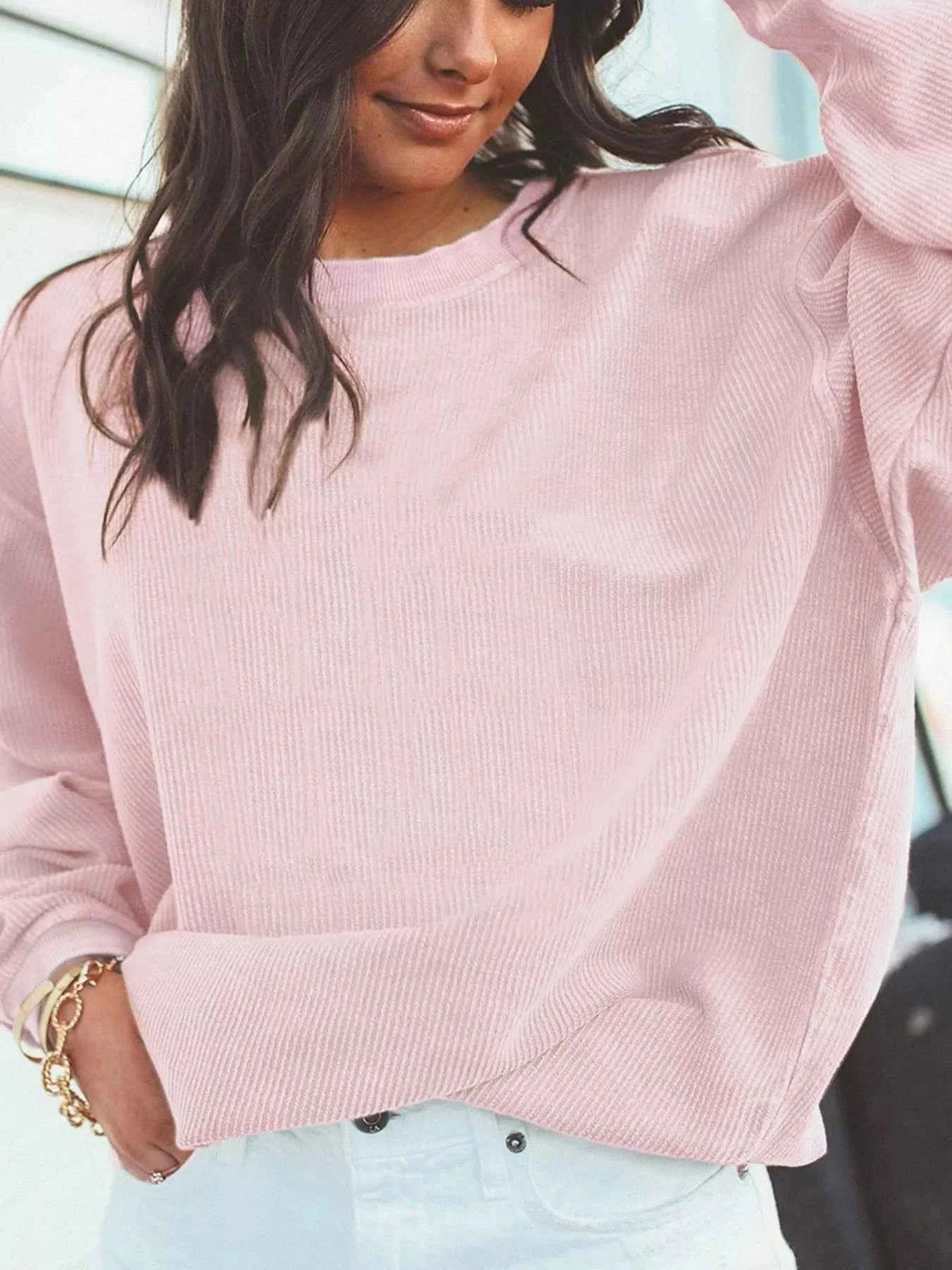 Crew Neck Drop Shoulder Ribbed Corduroy Oversized Sweatshirt 3