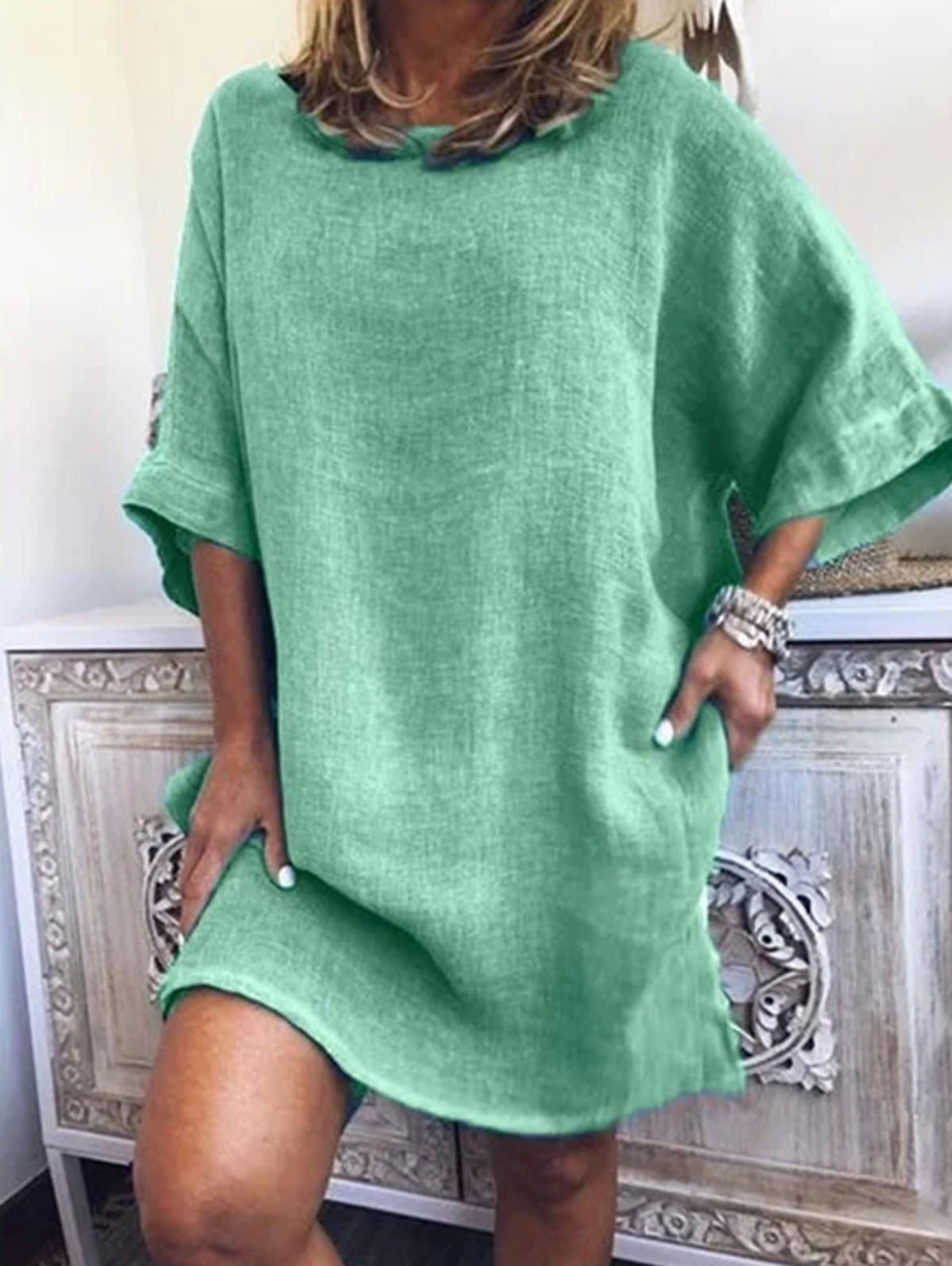 Linen Look Drop Shoulder Round Neck Pocket Relaxed Shift Mini Dress