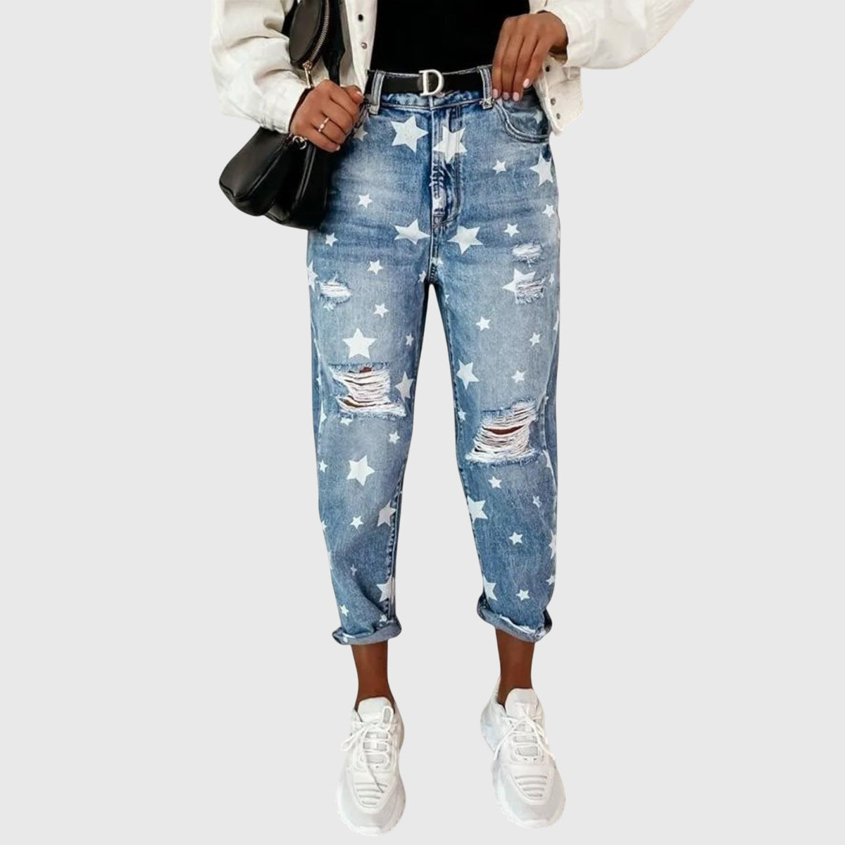 Star Print Distressed High Waist Boyfriend Jeans