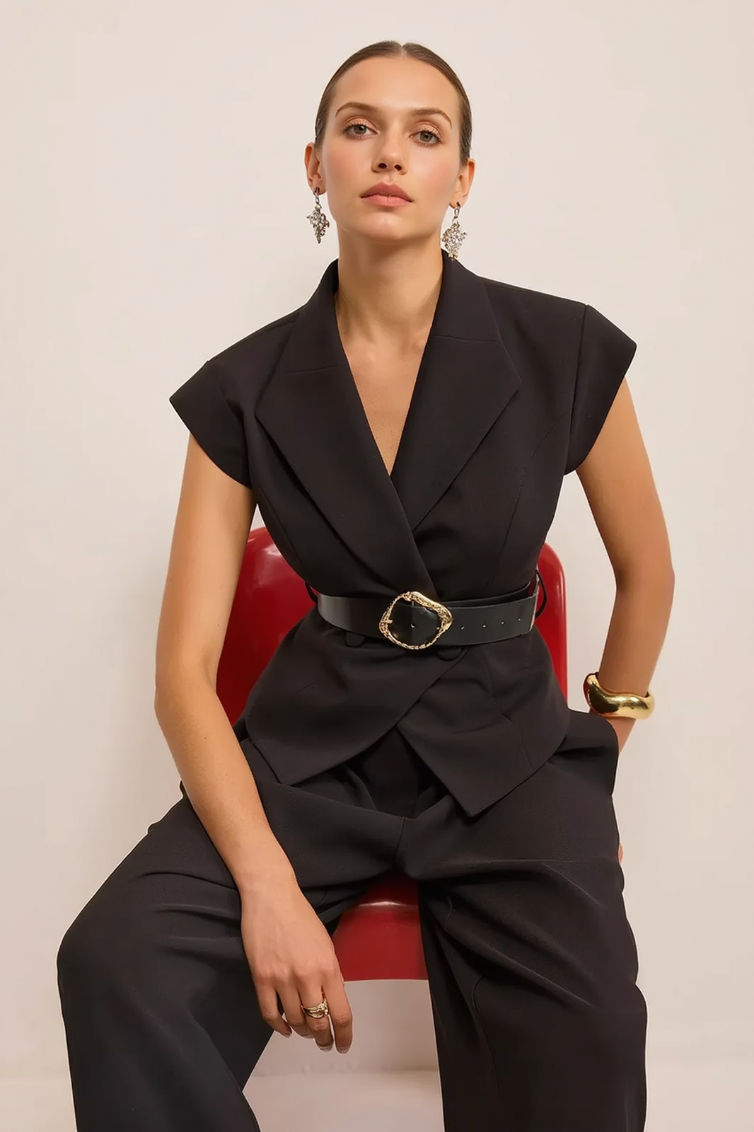 Loose Sleeveless Top Wide Leg Two Piece Work Set