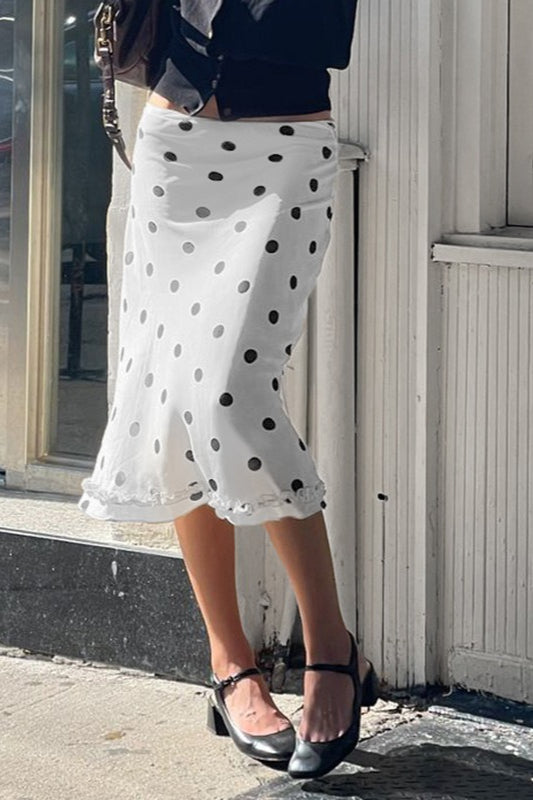 Polka Dot Ruffle Low Rise Midi Skirt