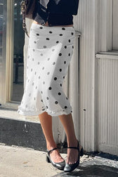 Polka Dot Ruffle Low Rise Midi Skirt