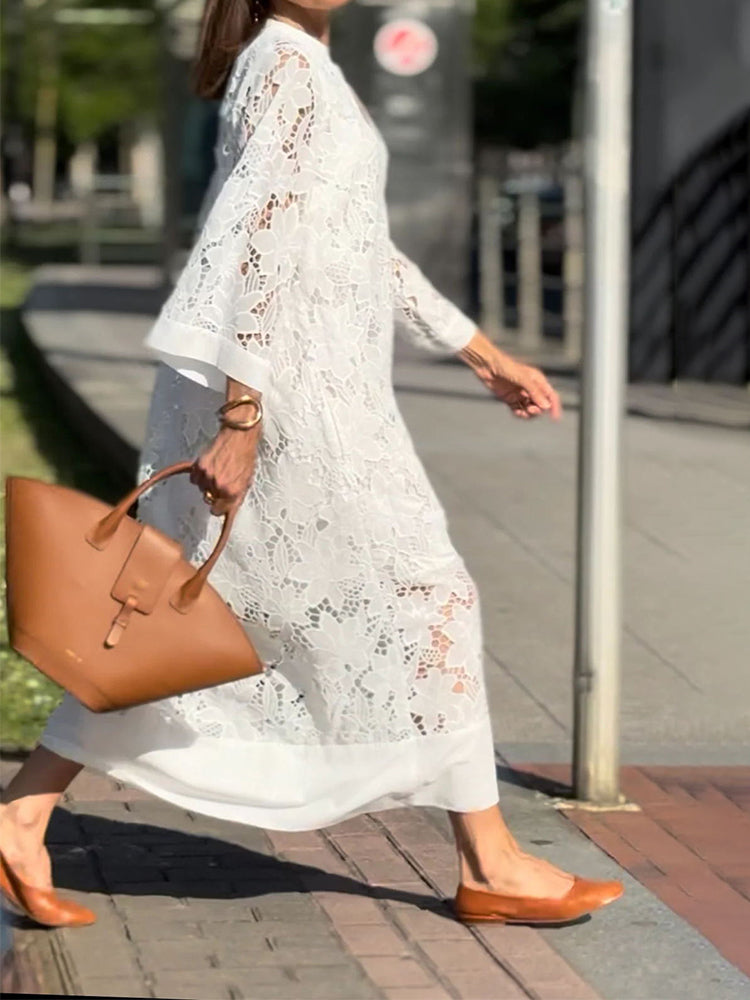 Cutwork Lace V-Neck Three Quarter Sleeve Loose Maxi Dress