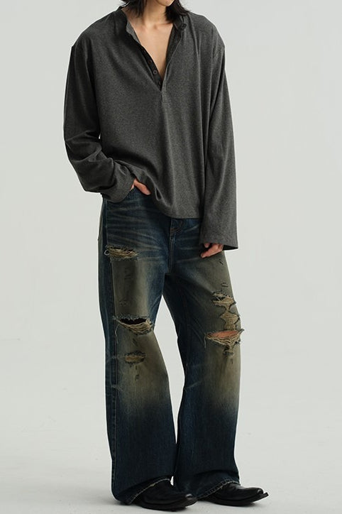 Henley Neck Soft Comfortable Long Sleeve Tee