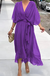 Solid Color V-neck Bat Sleeve Lace-up Irregular Hem Midi Dress - View 5