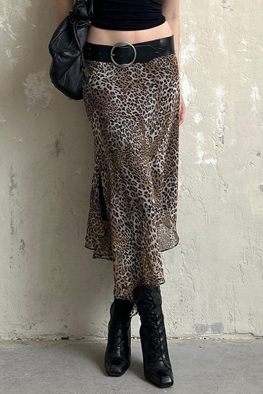 Leopard Print Sheer Mesh Low Waist Asymmetric Hem Midi Skirt 3