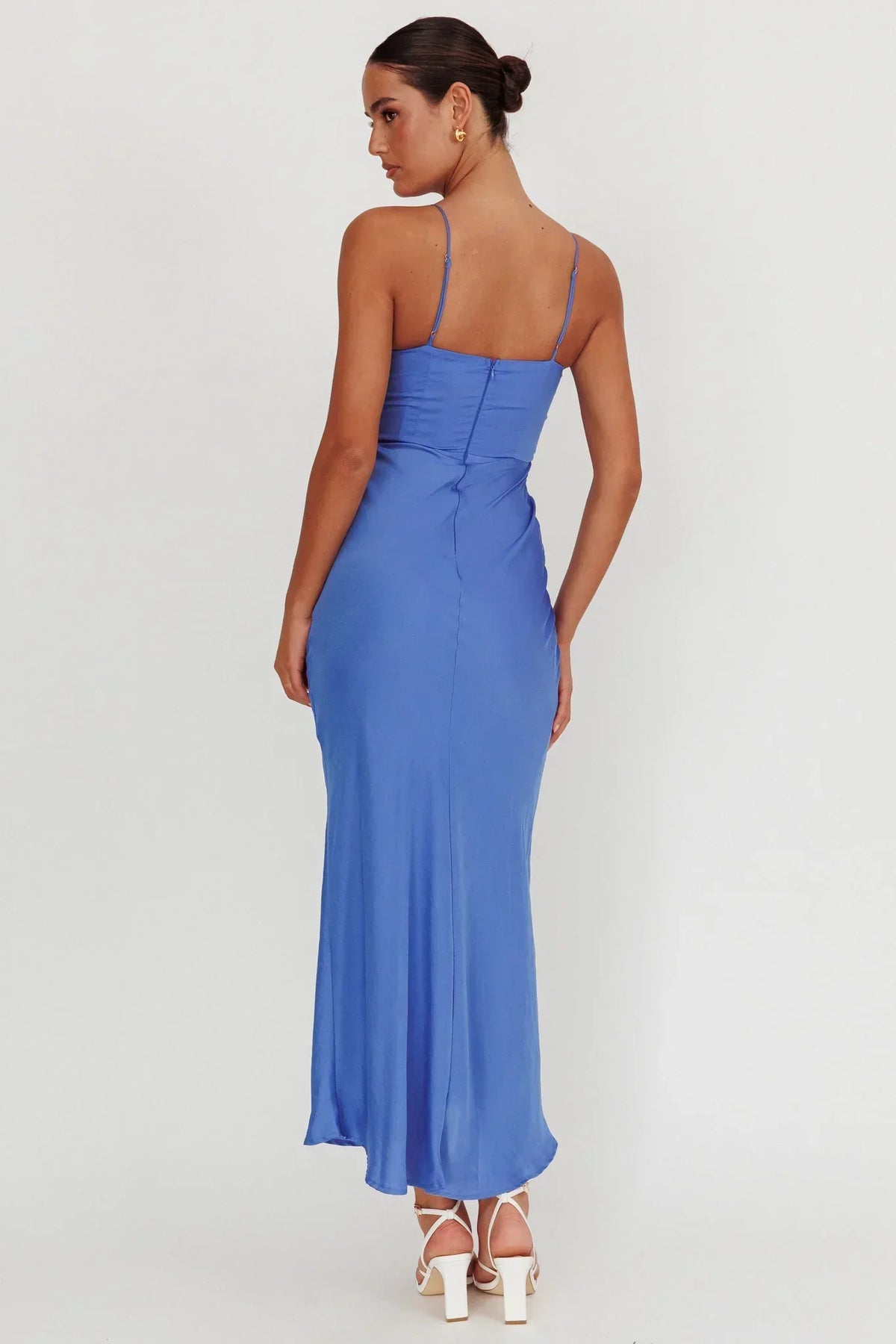 Satin Gathered Bust Keyhole Cami Strap Bias Cut Maxi Dress 3