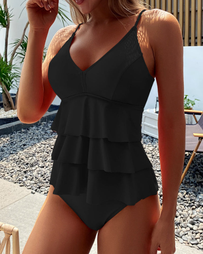 V-Neck Tiered Ruffle One Piece Swimsuit