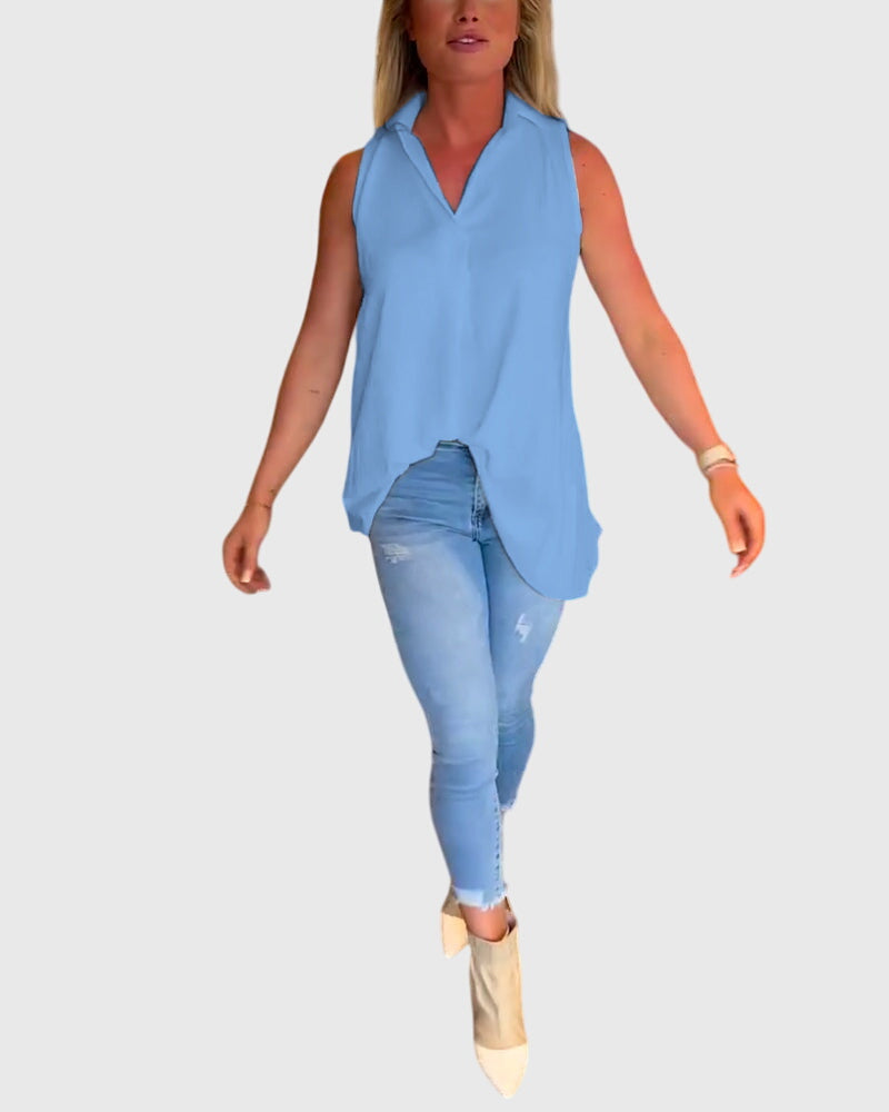 Collared Sleeveless High Low Blouse