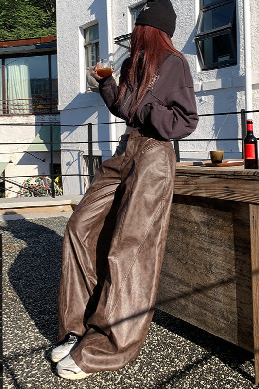 High Waist Vintage Slim Floor Length Wide Leg Straight Pants