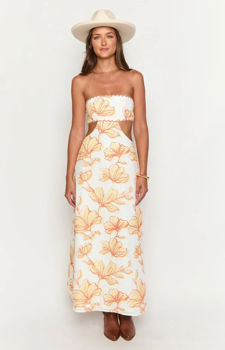 Floral Print Strapless Scalloped Trim Cut Out Waist Maxi Dress 2