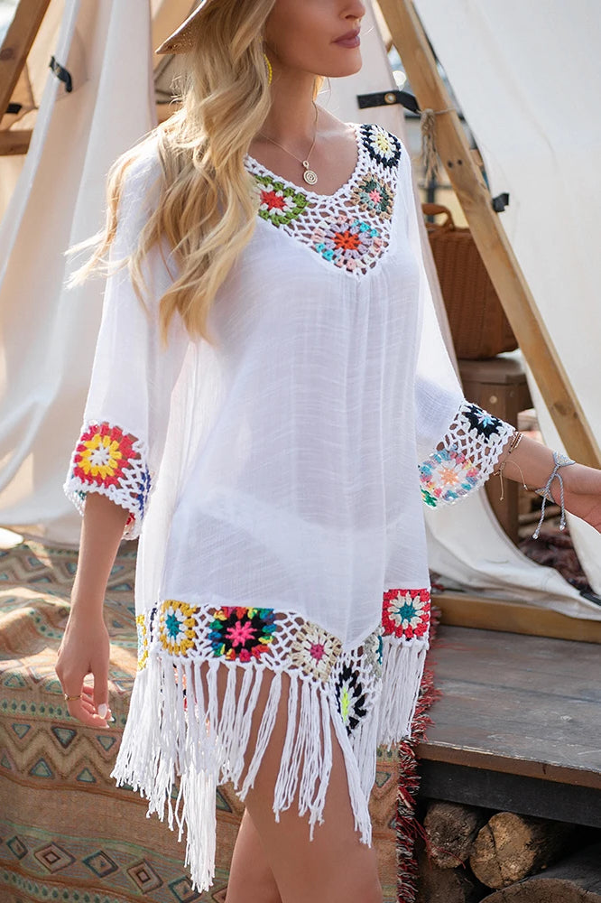 V-Neck Crochet Floral Trim Fringe Hem Boho Beach Cover Up 4
