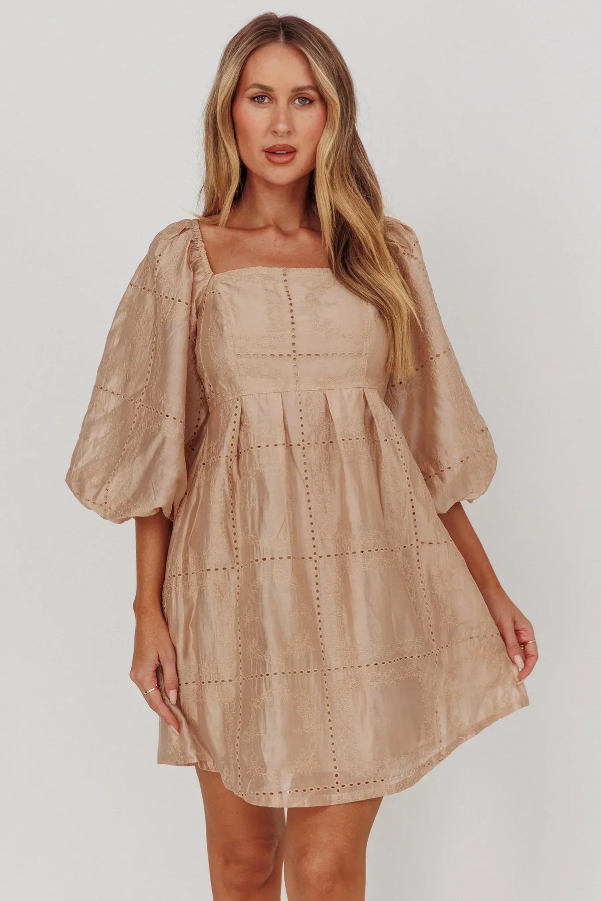 Eyelet Square Neck Balloon Sleeve Babydoll Mini Dress 5