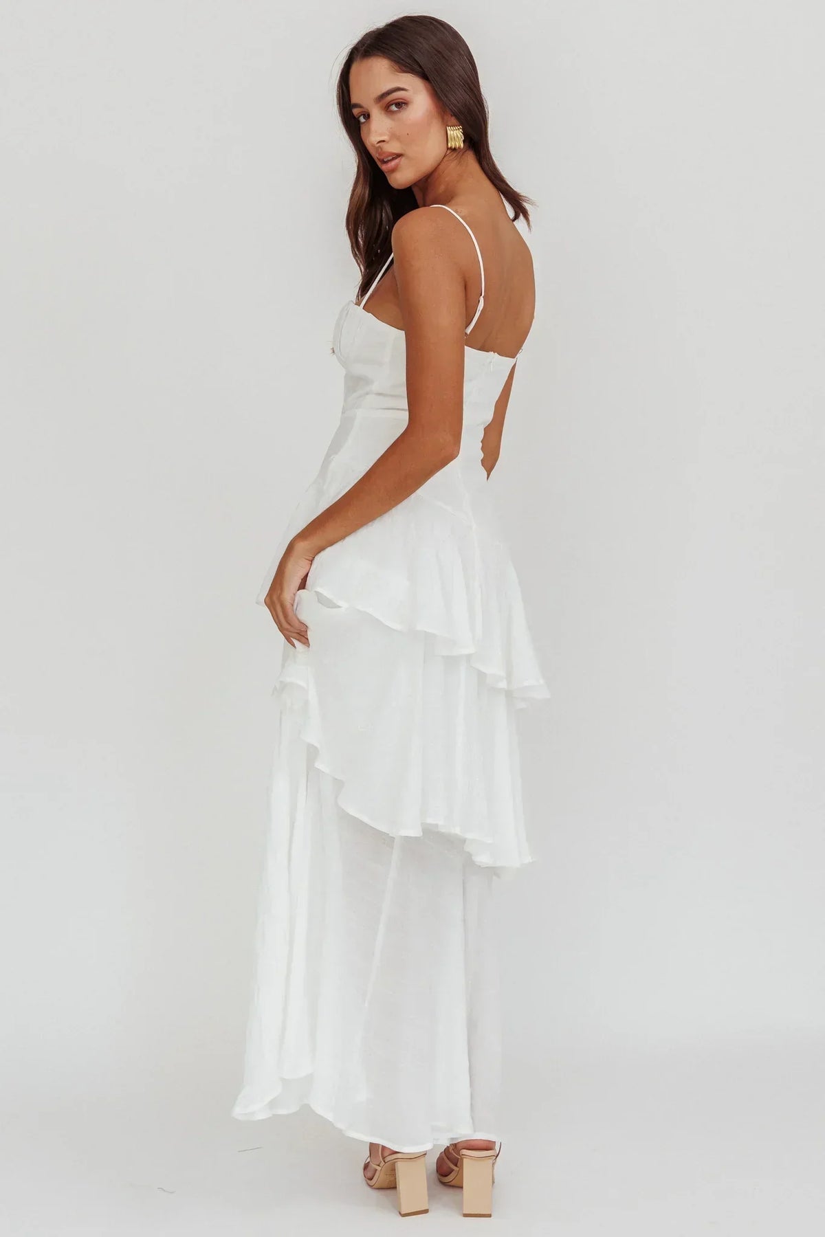 Bustier Sweetheart Cami Strap Asymmetric Tiered Ruffle Maxi Dress 3