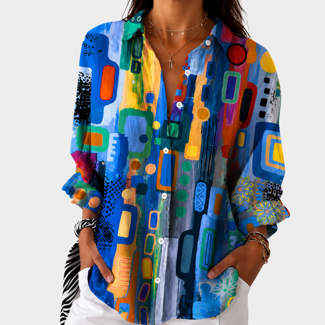 Abstract Print Long Sleeve Button Down Blouse